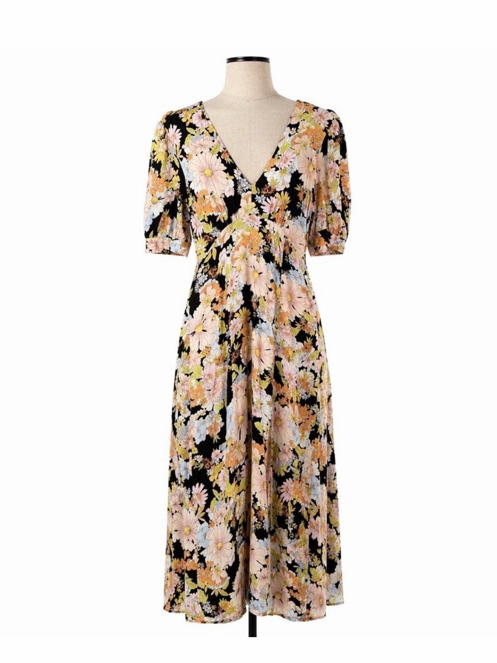Topshop Floral V-Neck Midi Dress in Black with Pastel Blooms